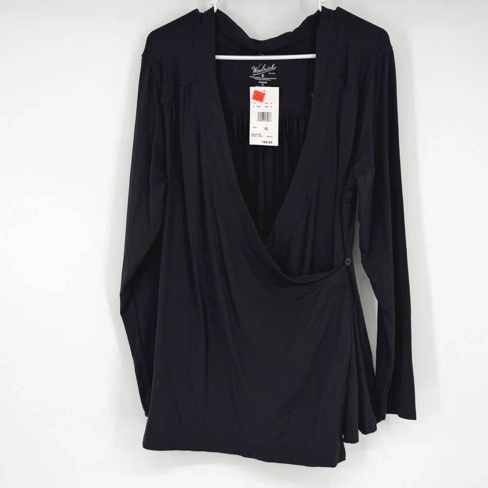 Woolrich‎ Womens XL Black Long Sleeve Faux Wrap Top Blouse NWT